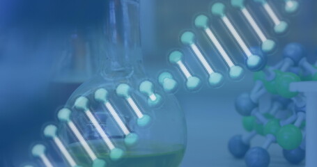 Image of dna strand spinning and 3d chemical structure in laboratory