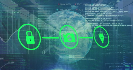 Obraz premium Image of network of connections with icons and data processing with globe over server room