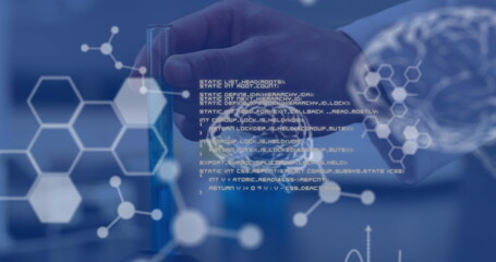 Image of human brain and data processing over scientist in laboratory