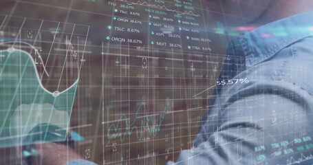 Image of data processing over caucasian businessman using smartwatch