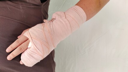 Portrait the wound on the hand, bandage of accident, health care and medical concept.