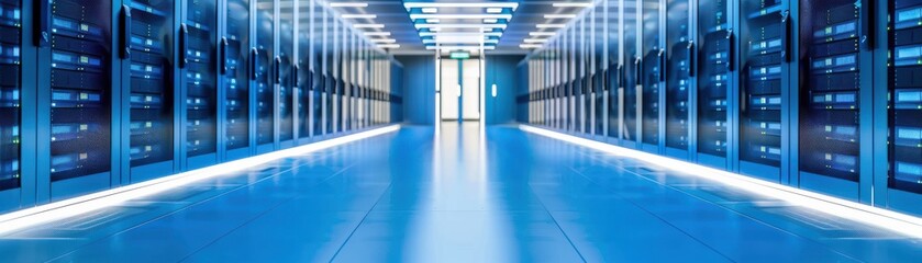 Obraz premium Modern data center hallway with server racks, blue lighting, and high-tech infrastructure for cloud computing and data storage.