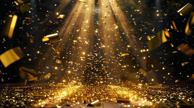 Golden confetti shower cascading onto a festive stage, illuminated by a central light beam, mockup background for events like award ceremonies, jubilees, New Year's parties, or product presentations