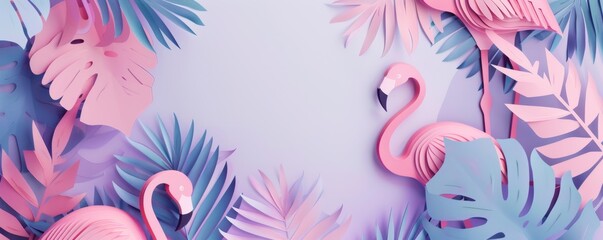 Obraz premium Abstract paper cut-out illustration of flamingos with tropical leaves in pastel colors