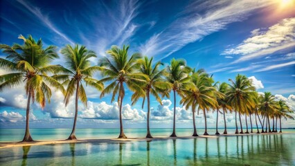 Serenity abounds in this stunning endless horizon featuring a picturesque row of swaying palm trees against a brilliant blue sky.