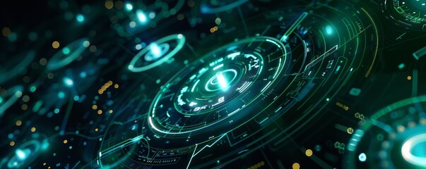 Futuristic digital interface with circular holographic elements and neon lights