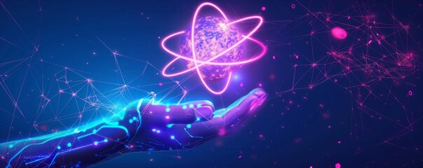 Digital illustration of futuristic robotic hand holding a glowing atom