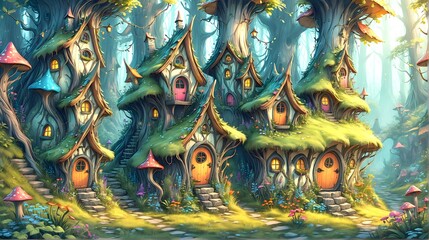 Obraz premium Cartoon style illustration enchanted forest with fairy houses. 2