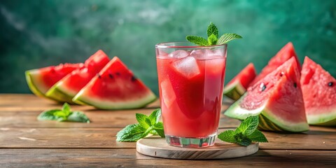 Fresh watermelon juice with ice in a glass, slices of watermelon on the table, refreshing, summer, beverage, healthy