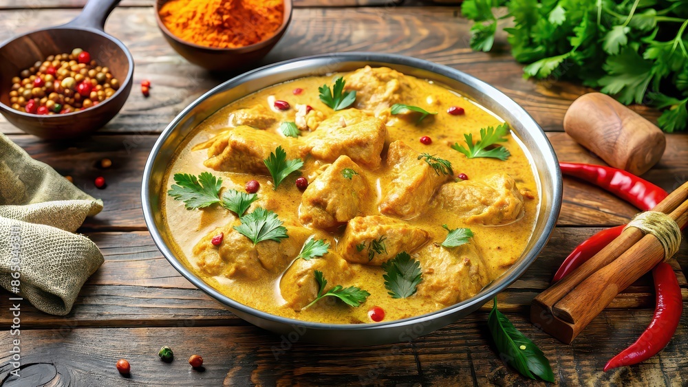 Sticker Delicious Chicken Korma dish with creamy sauce and mild spices , Indian cuisine, tender chicken pieces, rich sauce