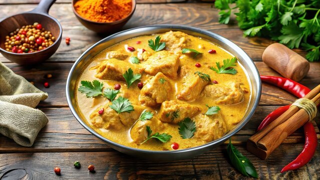 Delicious Chicken Korma dish with creamy sauce and mild spices , Indian cuisine, tender chicken pieces, rich sauce