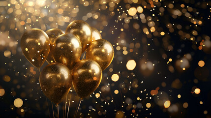 Balloons are floating in the air with gold lights in the background 