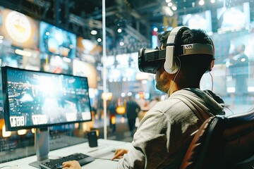 Man using VR headset in a high-tech workspace, experiencing immersive virtual reality simulations for professional tasks.