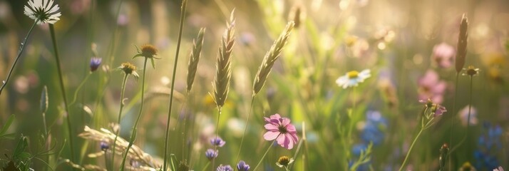 A vibrant summer meadow, bursting with wildflowers and grasses bathed in warm sunlight. Generative AI