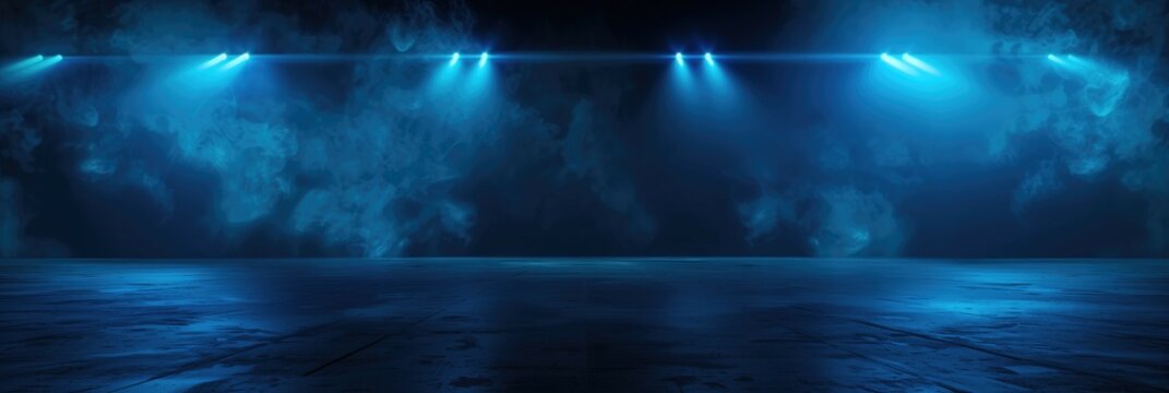 dark blue background, an empty dark scene, neon light, spotlights and smole --ar 3:1 Job ID: 17a71324-c15c-4cd1-988c-c57e54805a11