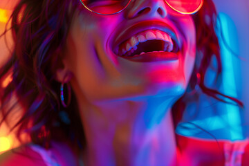 woman laughing , in the style of photo-realistic compositions, neon pop, close up, warmcore, emotive faces, photo-realistic hyperbole, in the style of magenta, contemporary candy-coated, high gloss, v