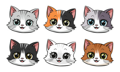 Cat face head icon icon set.  Different colors. Cute kitten. Children's funny character. Sticker printing.  Flat design. Isolated on white background. Vector