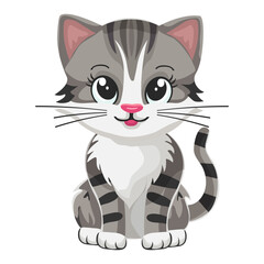 Cute kitten, gray cute kitten, drawing, happy pet, graphic, cat. Sticker, image on children's stationery. Isolated on white background.
