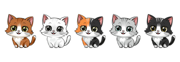 Obraz premium Set of icons with image of kittens. Different colors. Cute kitten. Children's funny character. Print stickers. Flat design. Isolated on white background. Vector