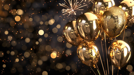 Balloons are floating in the air with gold lights in the background 