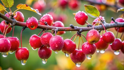 Branch of crabapples covered in water droplets, crabapples, branch, water droplets, nature, close-up, wet, fresh