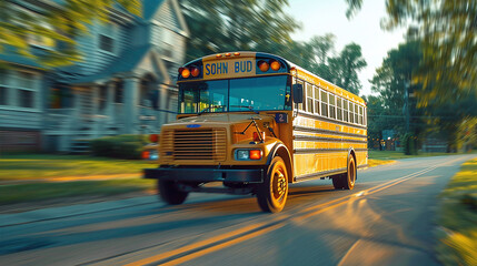 School bus driving down the street in the morning