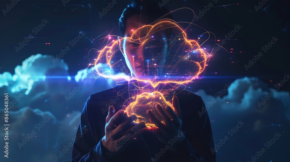 Poster Businessman showing virtual glowing cloud computing to download and loading data information and upload on system network application Technology data transformation concept data transf : Generative AI