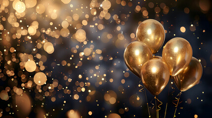 Balloons are floating in the air with gold lights in the background 