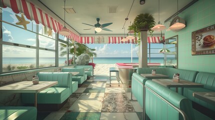 A retro beachside diner guest room with vintage diner decor, beachfront views, retro beach vibes, and classic diner treats for a nostalgic and seaside dining experience.