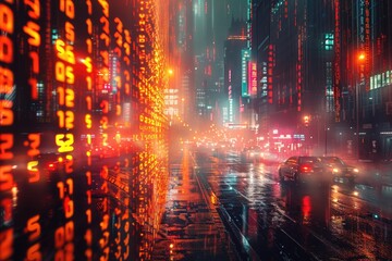 Futuristic digital cityscape, red binary code, cyber concept, abstract technology background
