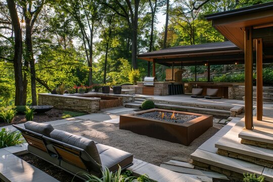 Patio featuring a fire pit surrounded by trees in a sunken outdoor lounge area, A tranquil retreat with a sunken outdoor lounge area, firepit, and outdoor kitchen for entertaining guests