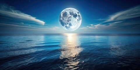 Scenic view of a full moon shining over the calm ocean at night, moon, ocean, night, full moon, reflection, water