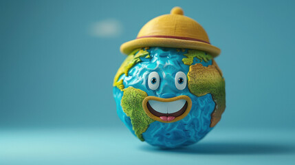 a 3D world icon, with a face, eyes and mouth, smiling and a base cap on the top of the world, cartoon style