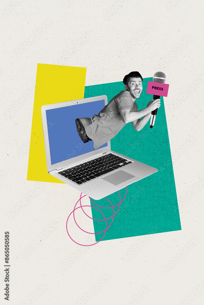 Poster composite collage picture image of netbook online funny journalist microphone interview fantasy bill