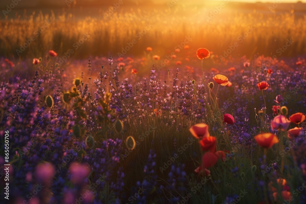 Poster a vibrant field of poppies and lavender bathed in the golden light of dawn. generative ai