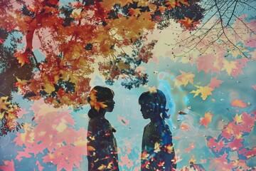 Fototapeta premium Craft a close-up birds-eye view of two girls in a park setting Emphasize rich