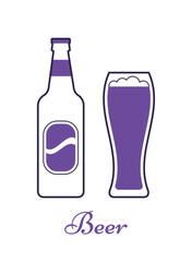 Beer bottle and glass isolated on white background.. Linear icons beverages in flat design. Outline violet alcoholic drinks with wineglasses Thin line objects. Vector illustration.
