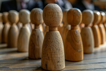 Close-up of wooden figure pawns in rows on a table, one with unique features, and copy space for text, symbolizing diverse business people.

