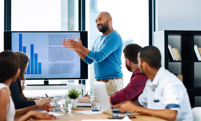 Businessman, graphs and presentation for training, statistics or company meeting in workplace. Leadership, planning and people in office for collaboration, brainstorming and data for development