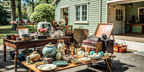 Yard sale setup with various household items