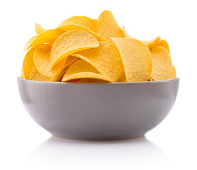 Potato chips in bowl isolated on white background