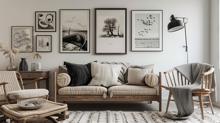 A Scandinavian-inspired guest room with light wood furniture, soft textiles, and a gallery wall of...
