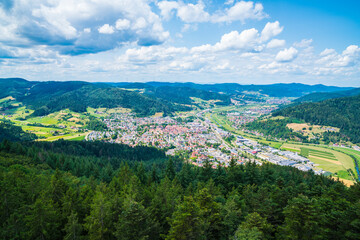 Fototapeta premium Germany, Aerial panorama nature landscape view above schwarzwald city haslach im kinzigtal, above tree tops of black forest scenery
