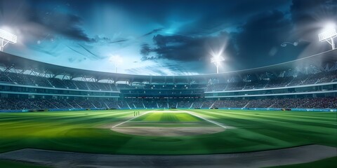 Vibrant cricket stadium illuminated at night during an electrifying World Cup match. Concept Sports Photography, Night Time Lighting, World Cup Excitement, Cricket Stadium Views