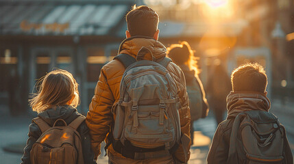Fototapeta premium A tense morning scene: parents and children rush to the school entrance