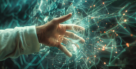 Close-up of a man's hand reaching for a digital modern screen with technological lines and nodes. Technology and business concept.