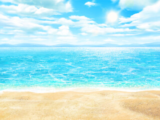 Summer sandy beach - beautiful resort beach frame background illustration of blue sky and sea with sun and clouds.