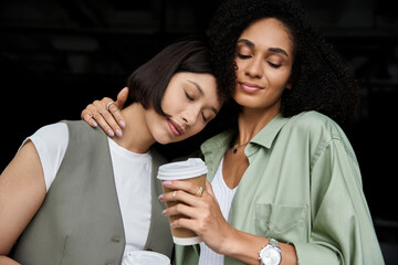 Two women, partners in love and business, take a break together in the office.
