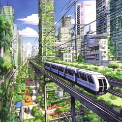 Future Cityscape with High-Speed Train