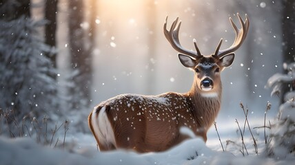 Noble deer in snow forest, winter landscape, christmas background, Wild life photography.